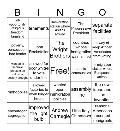 Immigration and Industrialization Bingo Card