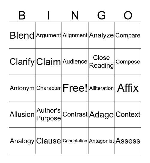 Language words Bingo Card