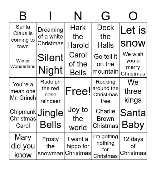 Christmas Song Bingo Card