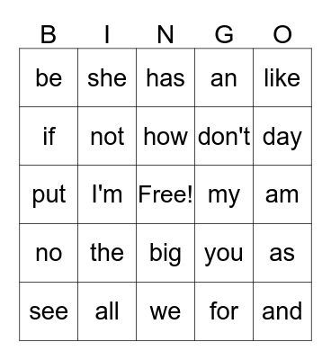List 2 Sight Words Bingo Card