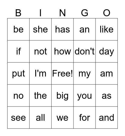 List 2 Sight Words Bingo Card