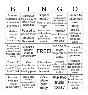 Healthy Habits Bingo Card