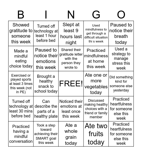 Healthy Habits Bingo Card