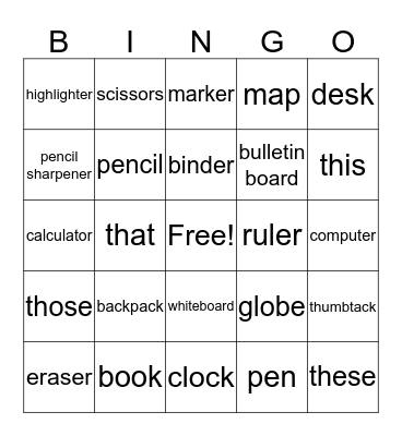 school supplies Bingo Card