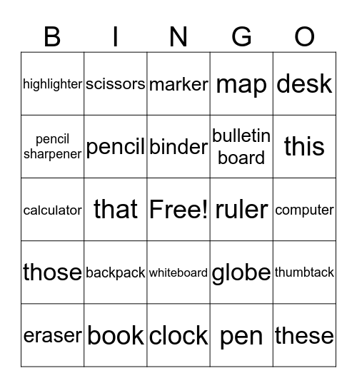 school supplies Bingo Card