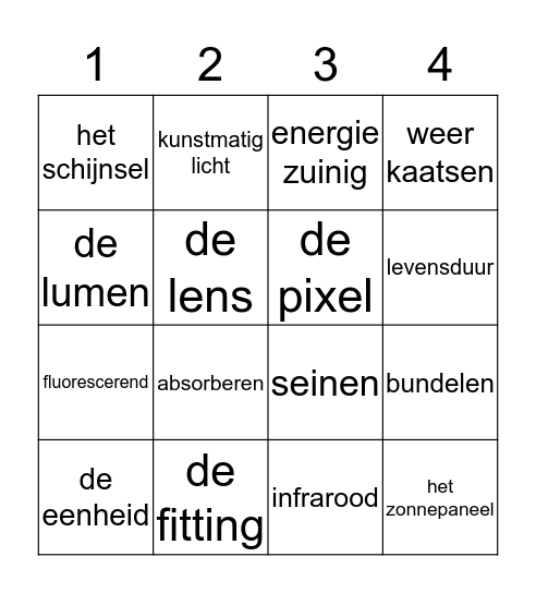 Woordenschatbingo thema licht Bingo Card
