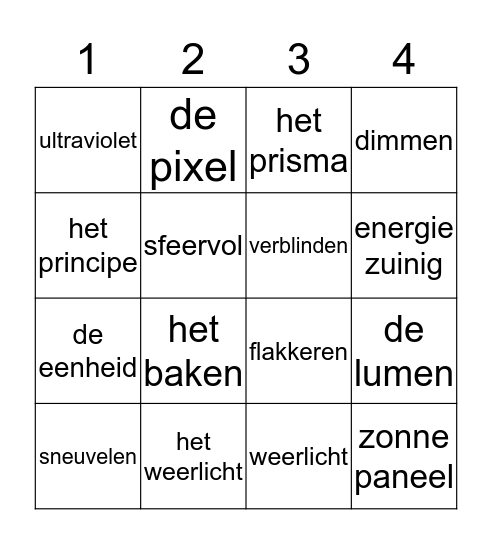 Woordenschatbingo thema licht Bingo Card