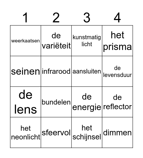 Woordenschatbingo thema licht Bingo Card