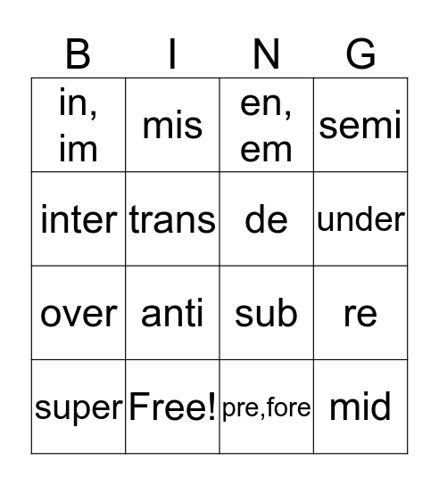 Prefix BINGO! Bingo Card