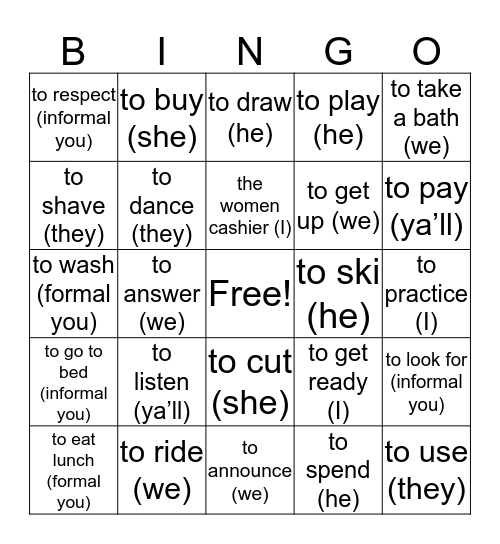 Preterite Tense Bingo Card