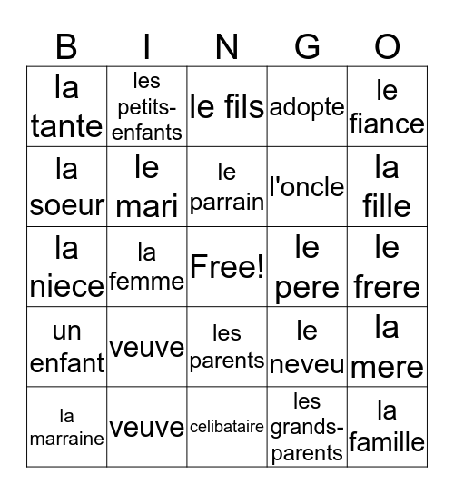 Fr. 1, ch. 3, voc. 2 (la famille) Bingo Card