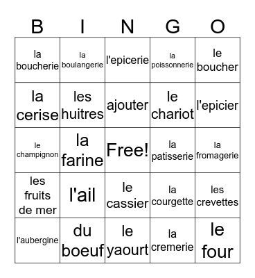 French 2, Chapter 3, Vocabuary 2 Bingo Card