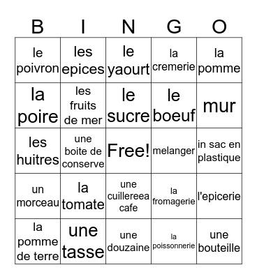Francais 2, Chapitre 3, Vocabulaire 2 Bingo Card