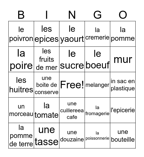 Francais 2, Chapitre 3, Vocabulaire 2 Bingo Card