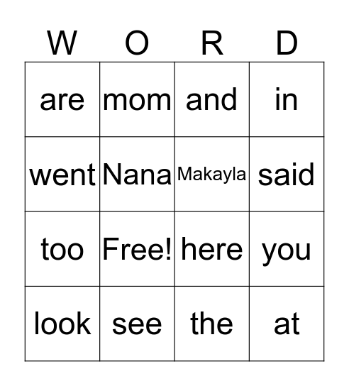 Makayla Bingo Card