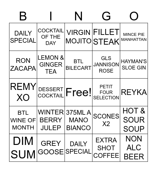 BAR & GRILL Bingo Card