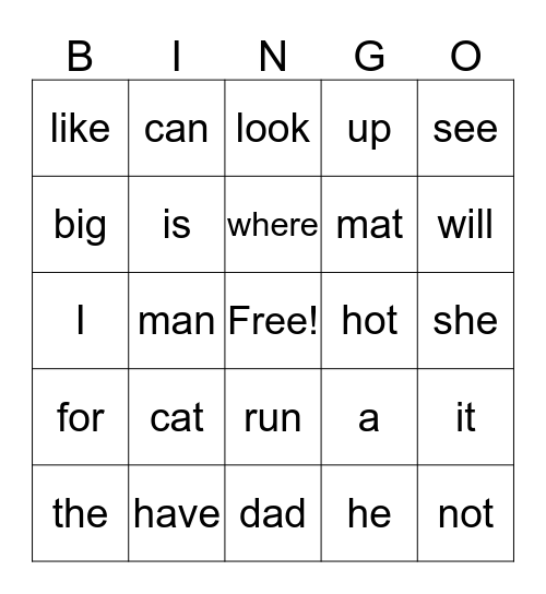 Sight Words Bingo Card