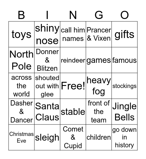 Rudolph the Red-Nosed Reindeer Bingo Card