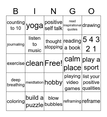 Coping Skills Bingo Card