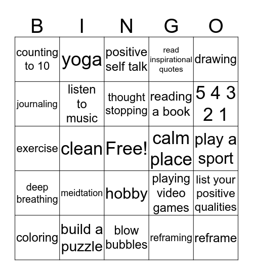 Coping Skills Bingo Card