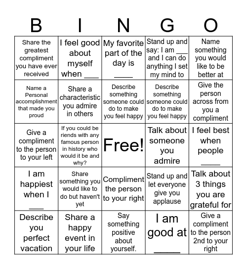 Self -Esteem  Bingo Card