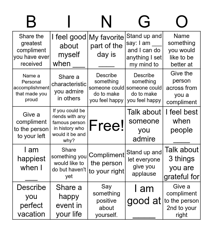 Self -Esteem Bingo Card