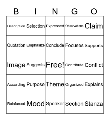 Vocabulary Bingo Card