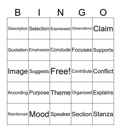 Vocabulary Bingo Card