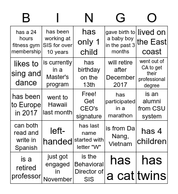 Find someone who fits the description in each box below and have that person print their name legibly. The name can only be written once. Bingo Card