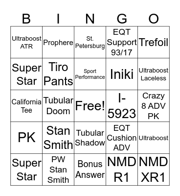 adidas Bingo Card