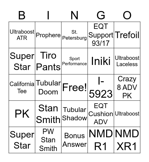 adidas Bingo Card