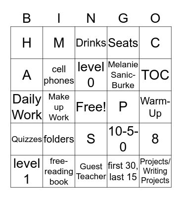 English 9A Rules Bingo Card