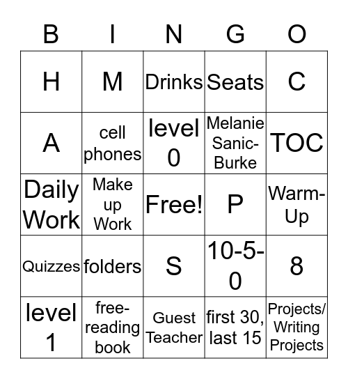 English 9A Rules Bingo Card