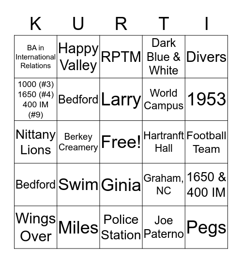 Penn State  Bingo Card