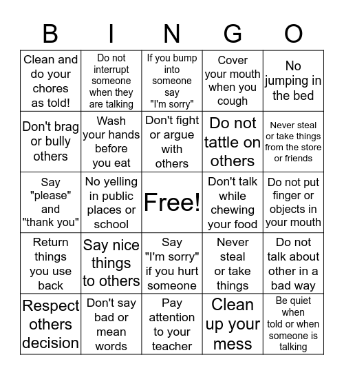 Manners Bingo Card