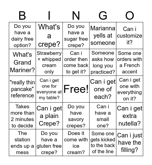Crepe Bingo! Bingo Card