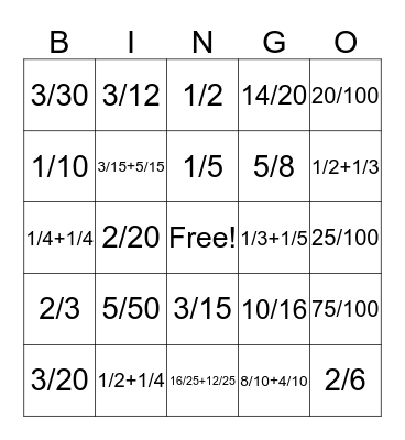 Fraction Bingo Card