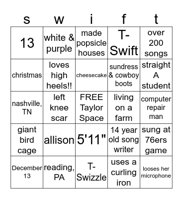 Jordyn's 10th Birthday BINGO Card