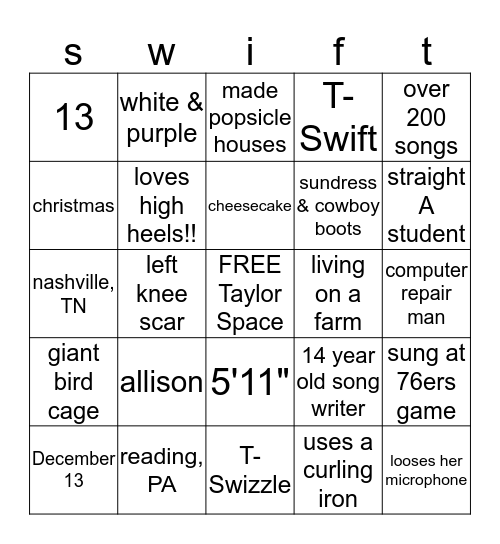 Jordyn's 10th Birthday BINGO Card