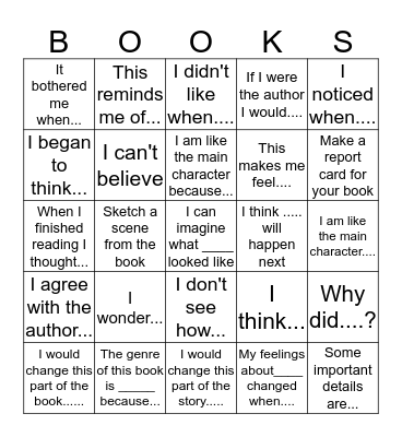 READER'S RESPONSE BINGO Card