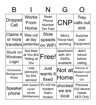 Tech Support Bingo Card