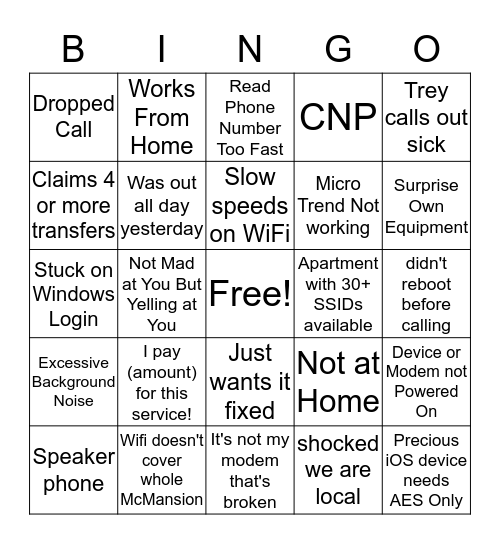 Tech Support Bingo Card