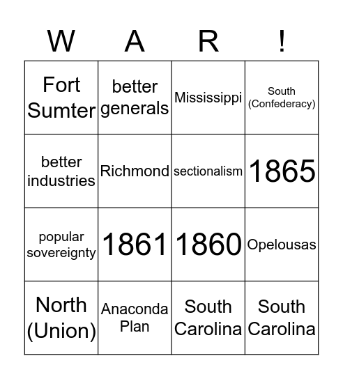 Civil War Bingo Card