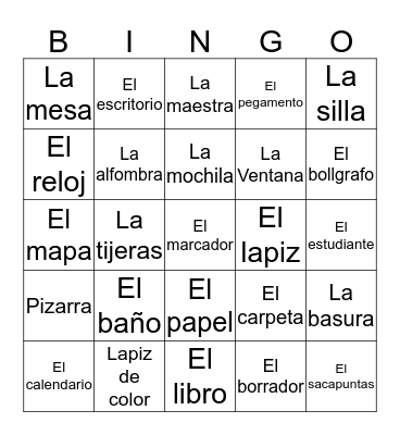 Classroom objects in Spanish  Bingo Card