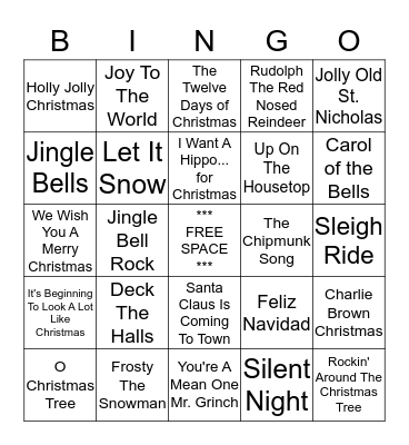 Holiday Song BINGO Card