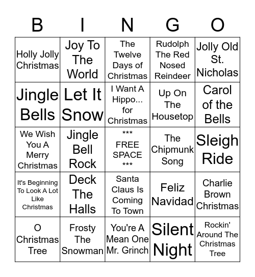 Holiday Song BINGO Card