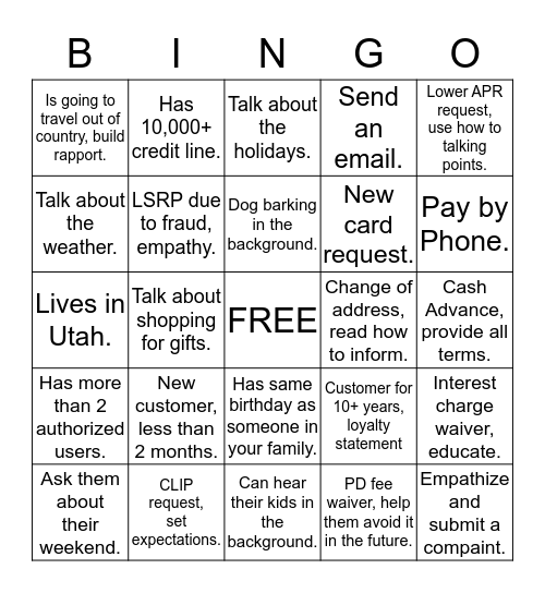 Customer Bingo Card