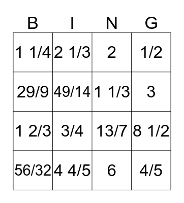 Fraction Bingo Card