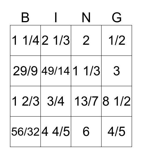 Fraction Bingo Card