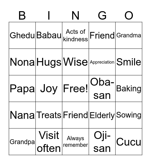 We Love The Elderly Bingo Card